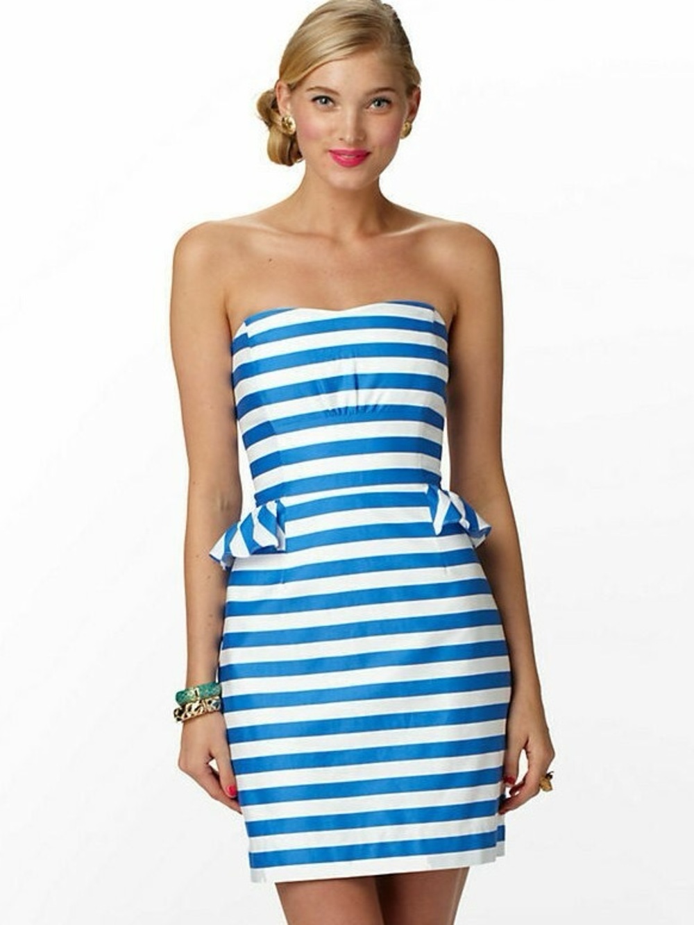 Lilly Pulitzer Blue and White Strapless Peplum Dress